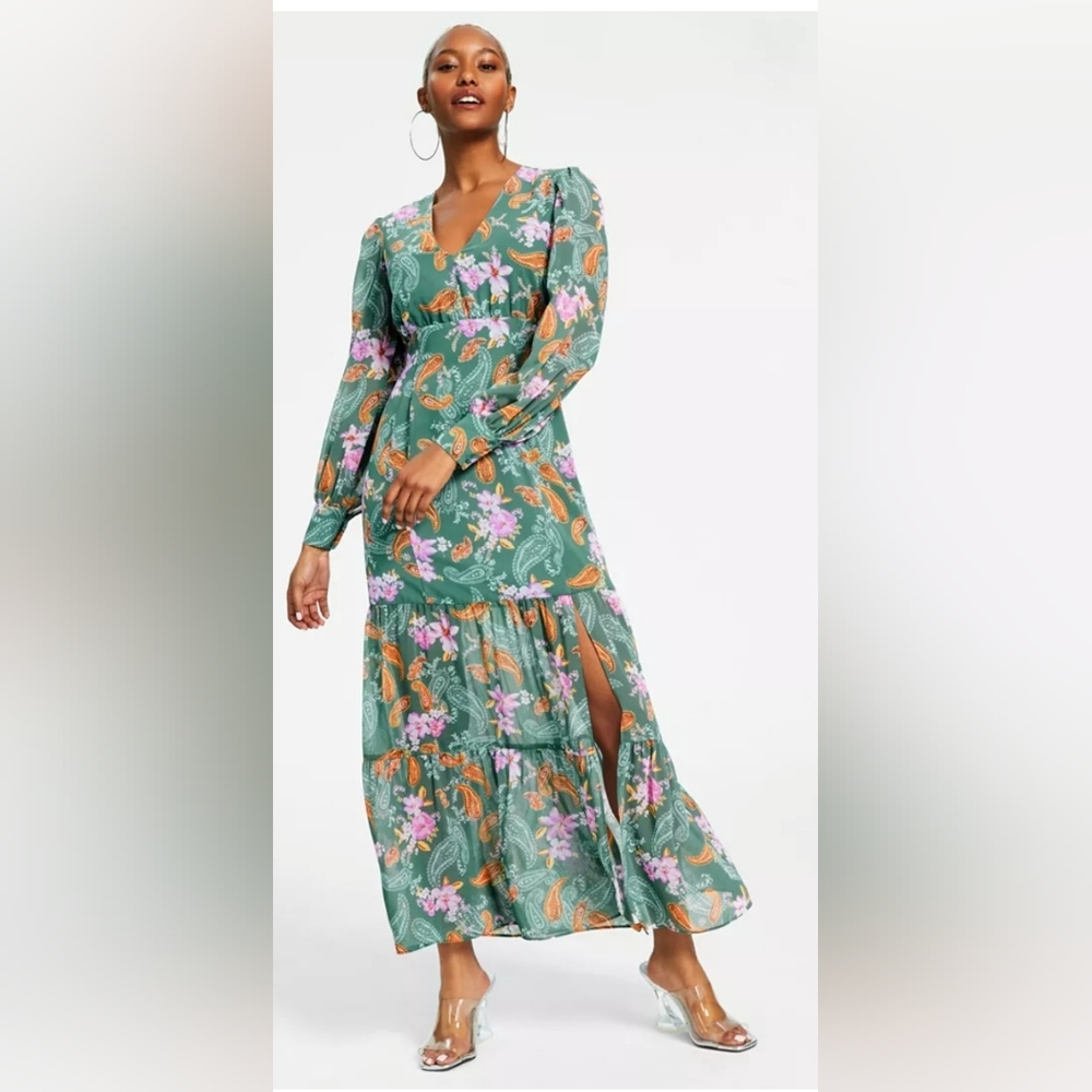 Bar III Green Floral Paisley Long-Sleeve Maxi Dress
